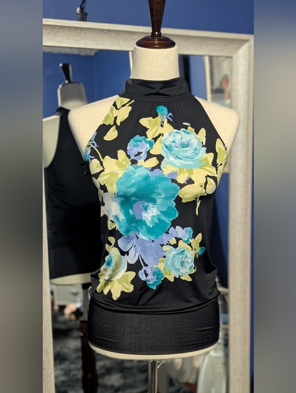 Bwear Black Halter Tank with Teal & Yellow Floral Print